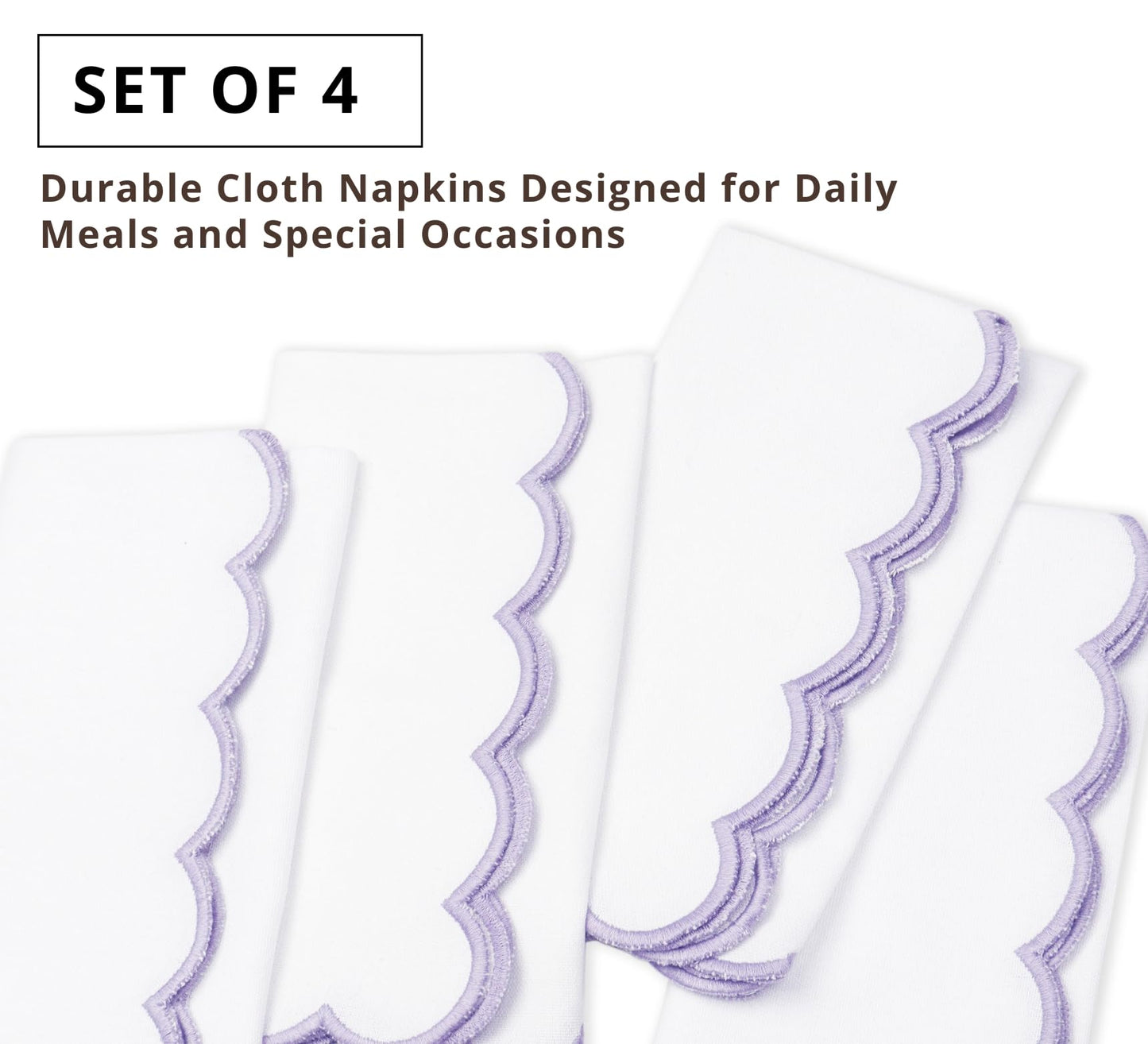 PurpleEssences Scalloped Embroidery Cloth Napkins - Spring Easter Summer - Table Decor - 100% Cotton - Set of 4-18x18 inch (White(Edges- Lavender), 18 x 18 Inch)