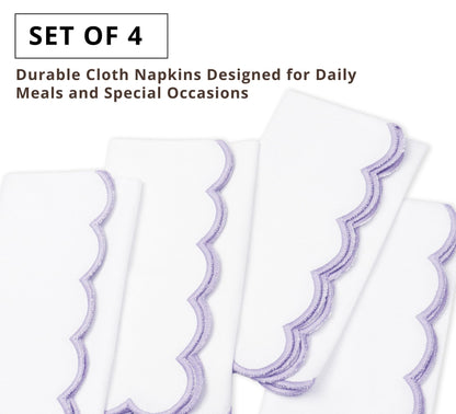 PurpleEssences Scalloped Embroidery Cloth Napkins - Spring Easter Summer - Table Decor - 100% Cotton - Set of 4-18x18 inch (White(Edges- Lavender), 18 x 18 Inch)