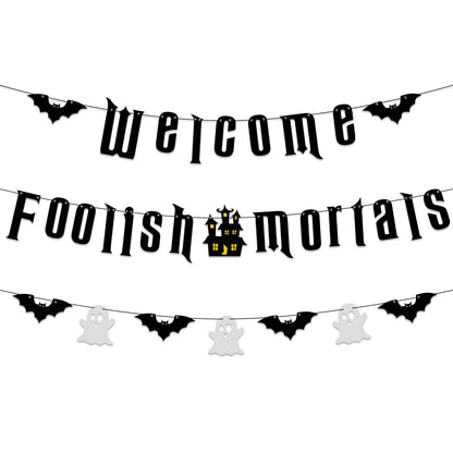 Welcome Foolish Halloween Mortals Banner Party Decorations Glitter Halloween Haunted House Gothic Mansion Decor Bat Spider Ghost Theme Sign for Indoor Laundry Room Farm Bar Home Wall Mantle Decor