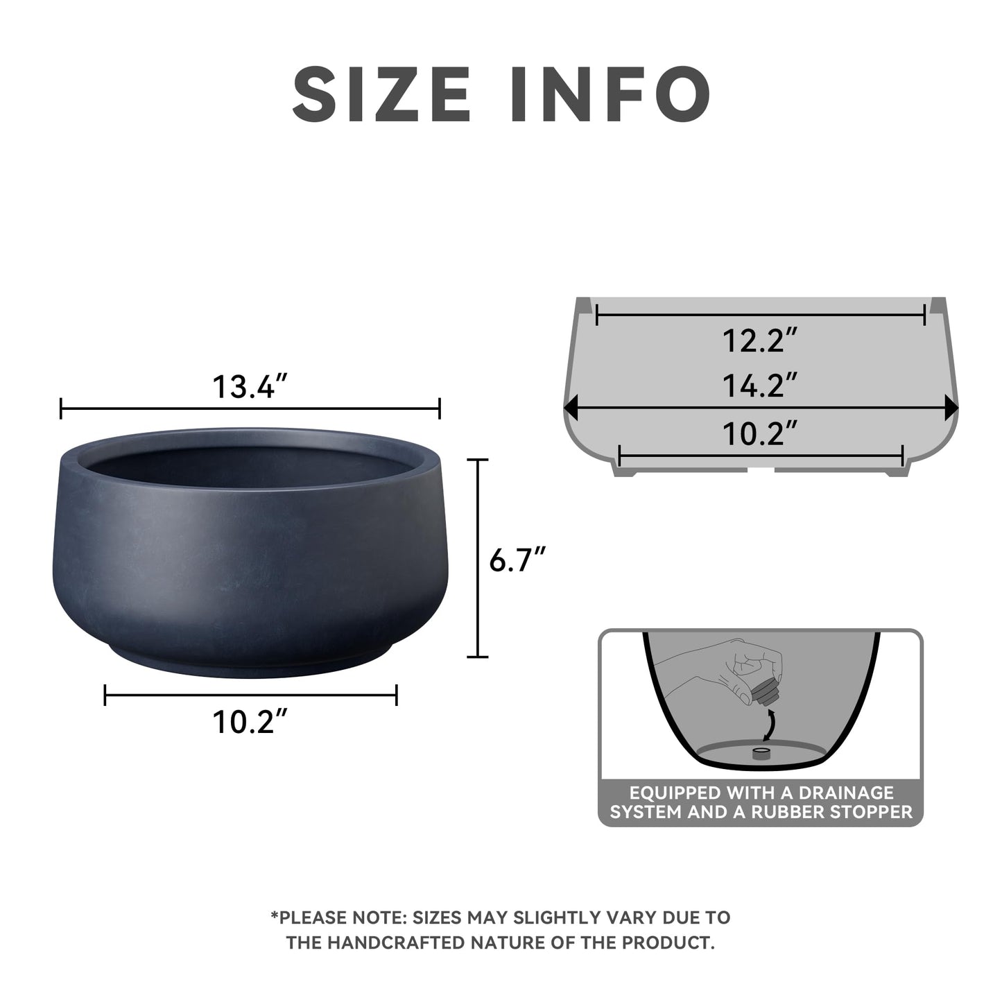 Kante 13.4" Dia Round Curvy Concrete Planter, Large Plant Pots with Drainage Hole and Rubber Plug for Indoor Outdoor Plants, Flower Pot for Home Garden Patio Porch, Charcoal