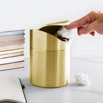 DORMIYA Mini Gold Trash Can, Stainless Steel Desktop Garbage Bin with Swing Lid, Small Countertop Waste Basket for Bathroom Office Car Kitchen, Portable Table Trash Container with Removable Cover