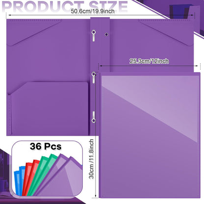 Henoyso 36 Pcs Plastic Folder with Clear Front Pocket and 3 Prong Plastic Folders with Card Slot Pocket Folders with Prongs for School Office (Multicolor)