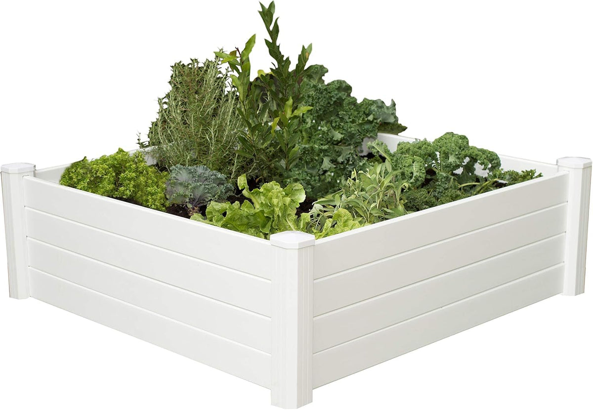 NuVue Products 26001 Premium Outdoor Raised Garden Bed for Growing Edible Plants and Flowers, BPA-Free Woodgrain Panel Elevated Planter Box, 48” L x 48” W x 15” H, White