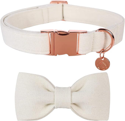DOGWONG Cotton Dog Collar with Bow, White Wedding Collar, Adjustable for Small to Large Dogs
