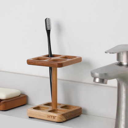 HTB Toothbrush Holders for Bathrooms,Teak Toothbrush Organizer Storage for Countertop,Tooth Brush Stand for Makeup Brush,Razor,Bathroom Accessories
