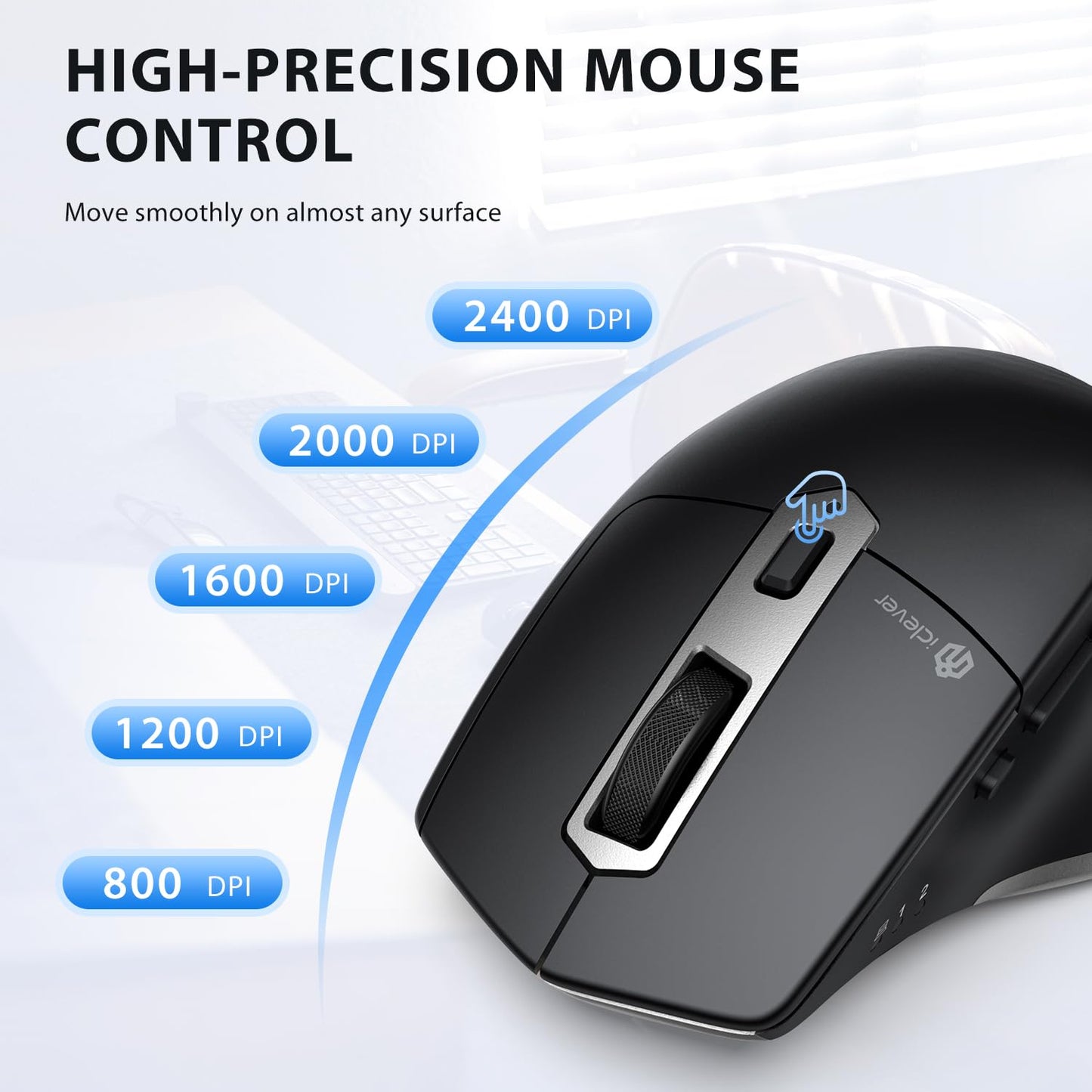 iClever Wireless Mouse with Bluetooth or USB Receiver, 5 Adjustable 2400DPI Rechargeable Computer Mice, Wireless Mouse for Laptop, iPad, MacBook, Tablet, PC