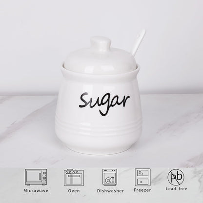 HAOTOP Ceramic Sugar Bowl with Lid and Spoon, 12oz Sugar Jar Sugar Dispenser Sugar Container Coffee Bar Accessories, Kitchen Countertop Canisters, White
