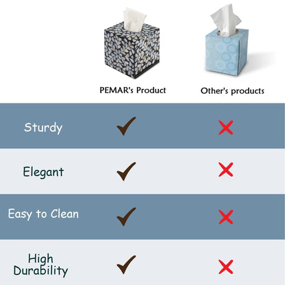 PEMAR Handcrafted Wooden Tissue Box Cover for Small Cube Tissue Boxes Only (Max Inner Size 4.7”) – Mother of Pearl Inlay Decorative Tissue Holder for Bathroom, Living Room & Office (White Vines)