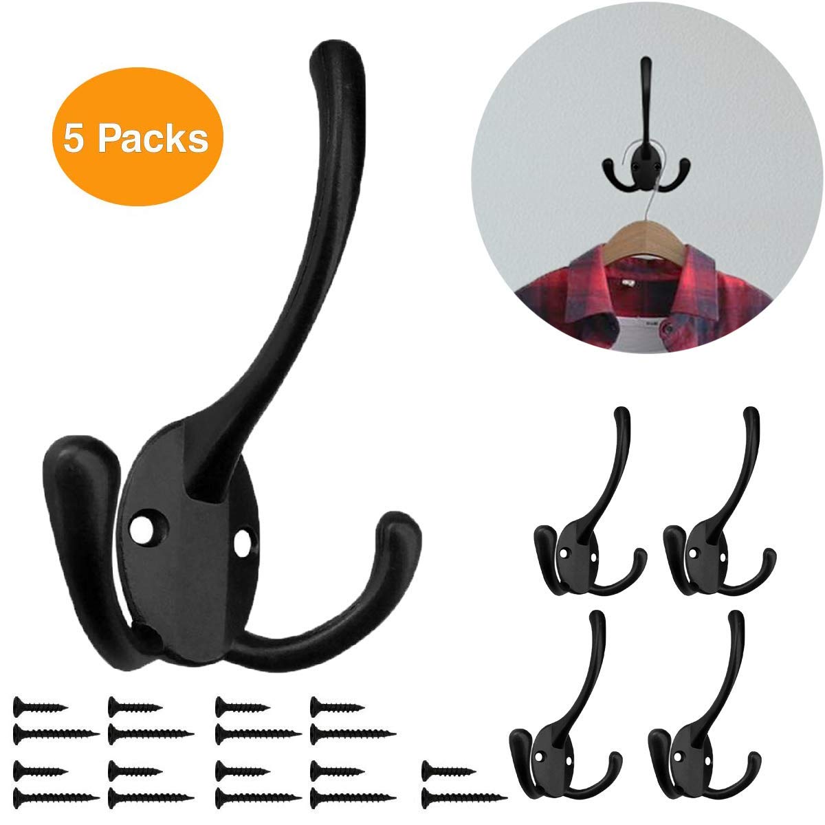 HADWER Wall Mounted Coat Hooks 5 Pack Heavy Duty Black Hardware Robe Hooks Decorative for Single Hanging Coats Towel Cubicle Classroom Kitchen Bath Backpack Hat Hook