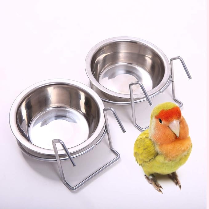 2PCS Bird Feeder Birds Bowls Bird Feeder Dish Cup Stainless Steel Dishes Coop Cups with Wire Hook Stainless Steel Parrot Food Bowl Feeding Coop Cups for Parakeet Lovebird