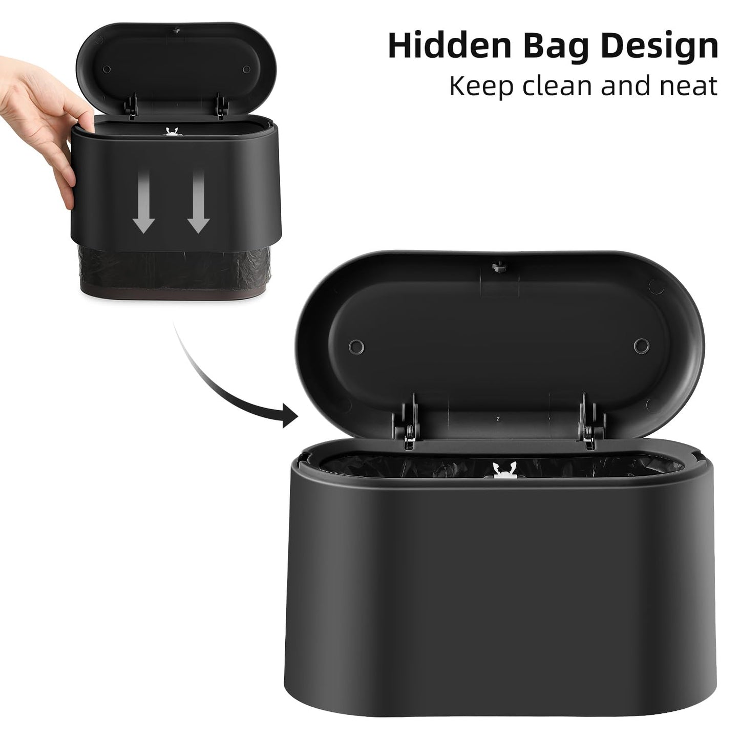 SUBEKYU 0.5 Gal Mini Countertop Trash Can with Lid for Desktop, Small Garbage Can for Office, Tiny Wastebasket, Plastic,Black