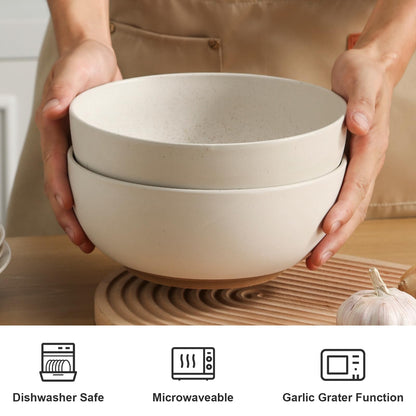KGCCIZI Ceramic Large Salad Bowls with Garlic Grater Function. White 60 OZ Salad Serving Bowl. Deep Bowl fit for Soup, Cereal, Ramen, Pasta, Salad.