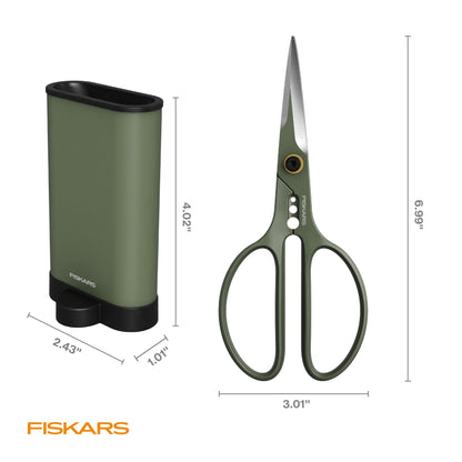 Fiskars Plant Shaping Shears & Holder, Precision Indoor Gardening Snips with Storage Caddy, Forged Stainless Steel Blades for Clean Cuts on Broad Leaves, Ambidextrous Handles & Stem Stripper, 6"