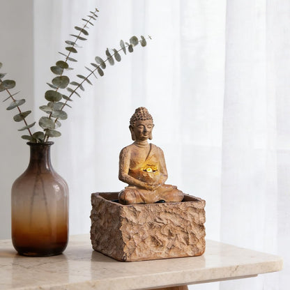 Indoor Tabletop Fountain, Zen Buddha Statue with LED Light Waterfall Fountain, ON/Off Switch with Pebbles, Modern Desktop Water Feature, Meditation Relaxation Decor for Home Office (Buddha Brown)