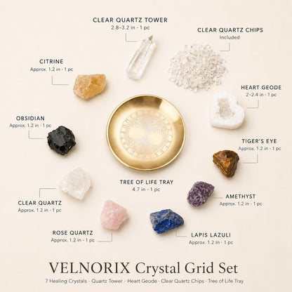 VELNORIX 7 Chakra Healing Crystals Grid Set – Real Stones, Clear Quartz Tower, Amethyst & Tree of Life Altar Tray – Spiritual Meditation & Reiki Decor for Yoga, Positive Energy (Guide Included)