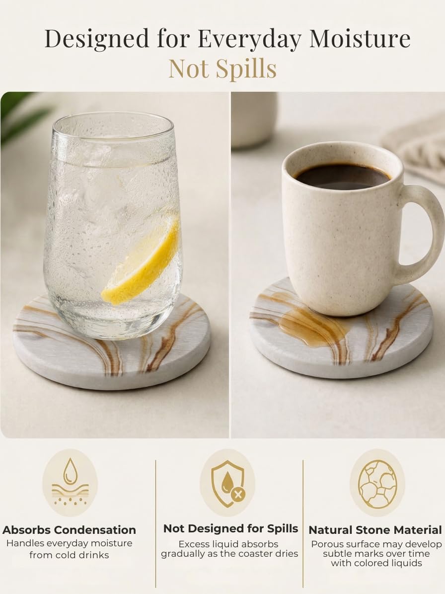 Zelora Absorbent Stone Coasters Set of 6 with Holder – Diatomite Drink Coasters for Cups & Table Protection, Modern Coffee Table, Office Desk & Bar Decor, Outdoor Patio Use, Gift-Ready