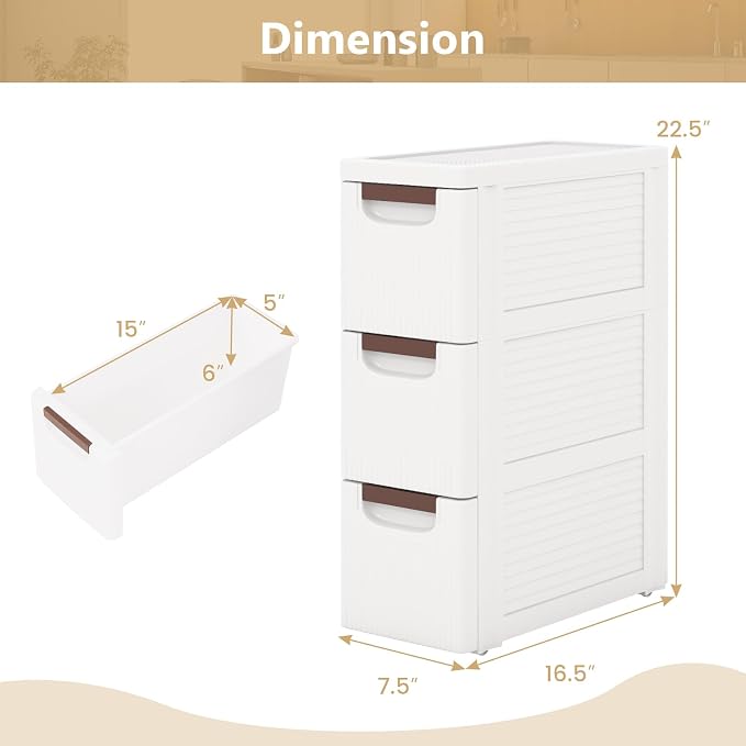 LOKO 3-Drawer Narrow Storage Cabinet, Slim Rolling Cart, Mobile Plastic Cart Container with Pull Handles, Built-in Wheels, for Living Room, Kitchen, Bathroom, Office (7.5"x16.5"x22.5" (3 Drawer))