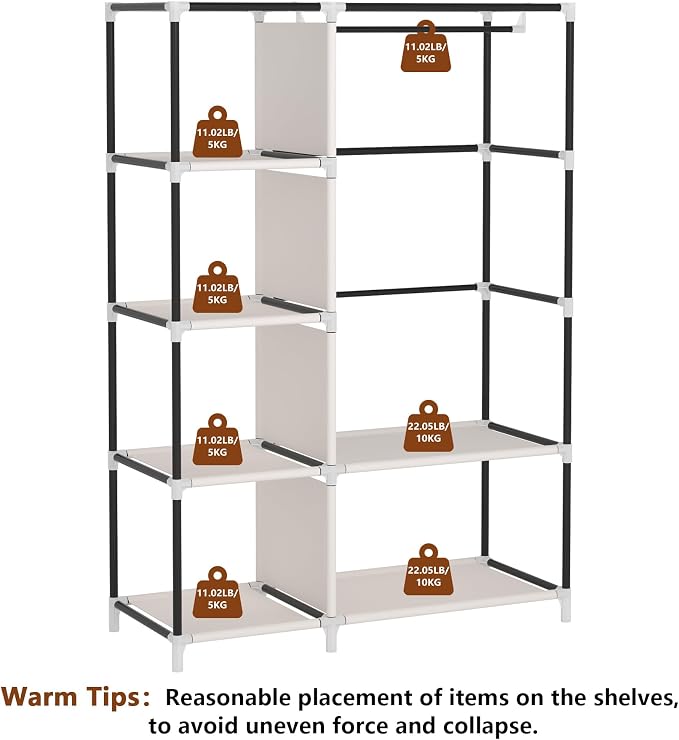 Calmootey Portable Closet Organizers, Clothing Storage, Wardrobe with 6 Shelves and Hanging Rod, Non-Woven Fabric Cover with 4 Side Pockets, Brown