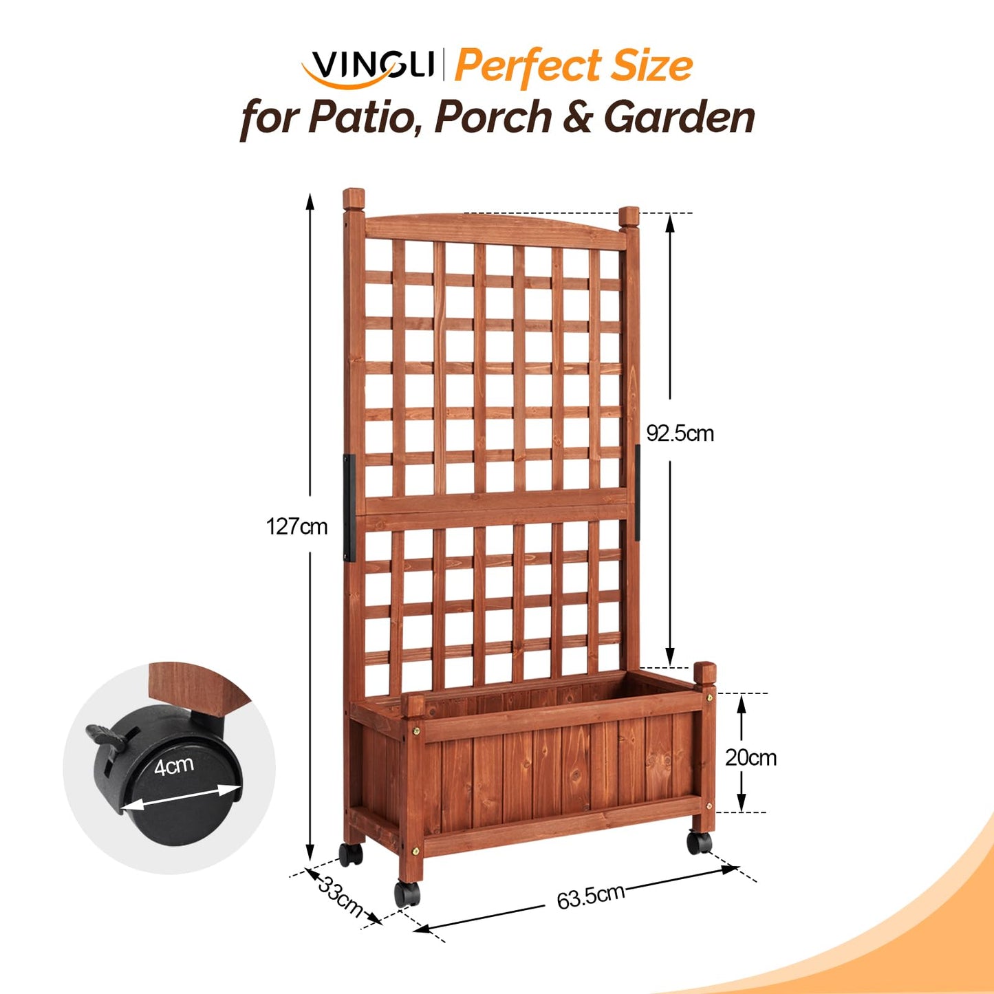 VINGLI 2PC Wooden Planter with Trellis, 50" Height Elevated Garden Beds Outdoor with Wheels, FreeStanding Planter Box with Drainage Holes for Flower, Vegetable, Fruit, Herb in Garden, Patio, Balcony