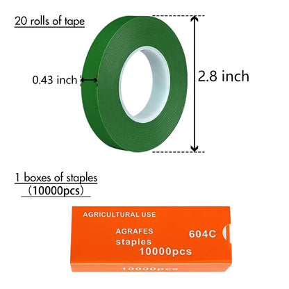 20 Rolls 1640 FT Green Plant Grafting Tape+10000Pcs Staples for Plant Tying Machine,Nursery Tree Tape Support for Climbing Plants Indoor Outdoor, Tree, Vegetables, Branches