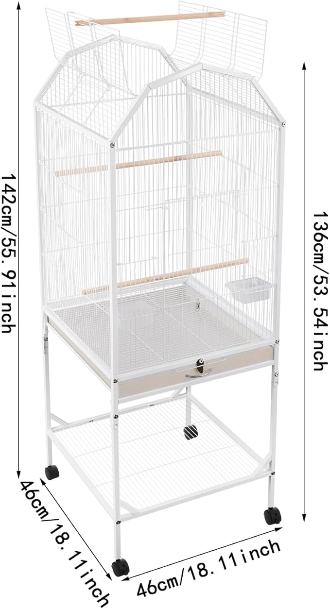 Birdcage Open Top 54 Inch Birdcages with Pull-Out Tray, Rolling Bird Cages with Wheels for Parakeets, Parrot, Cockatiel, Pigeon, Finch Cage(White)