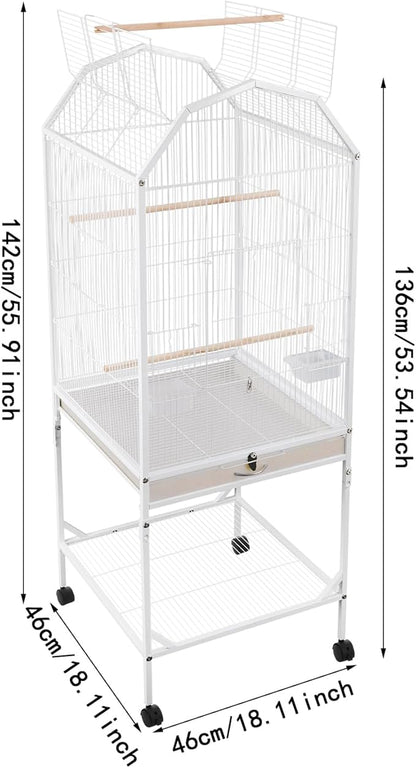 Large Bird Aviary Cage 53.5 Inch, Free Standing Wrought Iron Parrot Cage with Wheels, Open Play Top, Slide-Out Tray, Bird Cage for Budgerigars, Cockatiels, Parakeets, Lovebirds