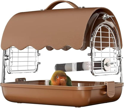 Parakeet Cage,Accessories, Bird Carrier Backpack with Perch, Transparent Travel Cage Bag with Shade Cover Visible Window for Parrots Budgie Small Birds(Brown)