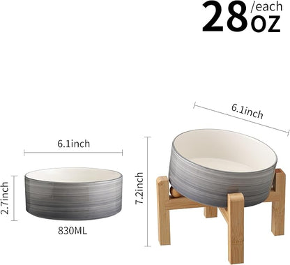 Elevated/Raised 15°Tilted Anti Slip Ceramic Dog Bowl for Small/Medium Breeds,Slanted Bulldog Big Face Pet Food Water Feeding Dish with Stand for Cats and Dogs (3.6 Cups/28 OZ) Grey White