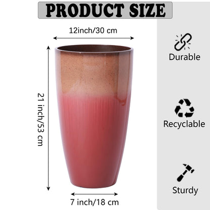 SE SUN-E Outdoor Planter 21" Tall Planters Gardening Pots with Insert Shelf Accessories Weather-Resistant Plastic Flower Pot Front Porch Decor, Tan to Burgundy Gradient