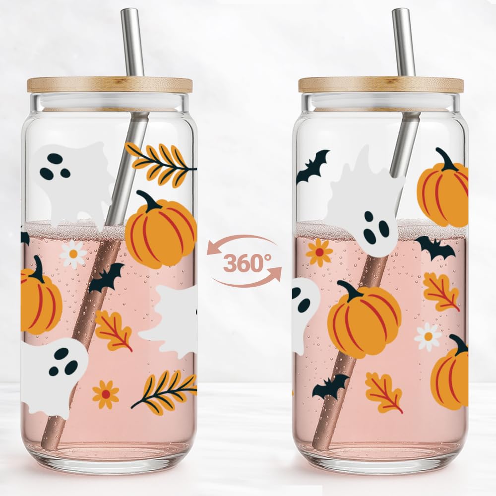 Halloween Ghost Pumpkin Glass Cup with Straws and Lids Gifts for Women,Friends,Happy Halloween Coffee Mug Trick Or Treat Iced Coffee Cup Glass Tumbler 16oz,Spooky Gifts for Boo Basket Stuffers