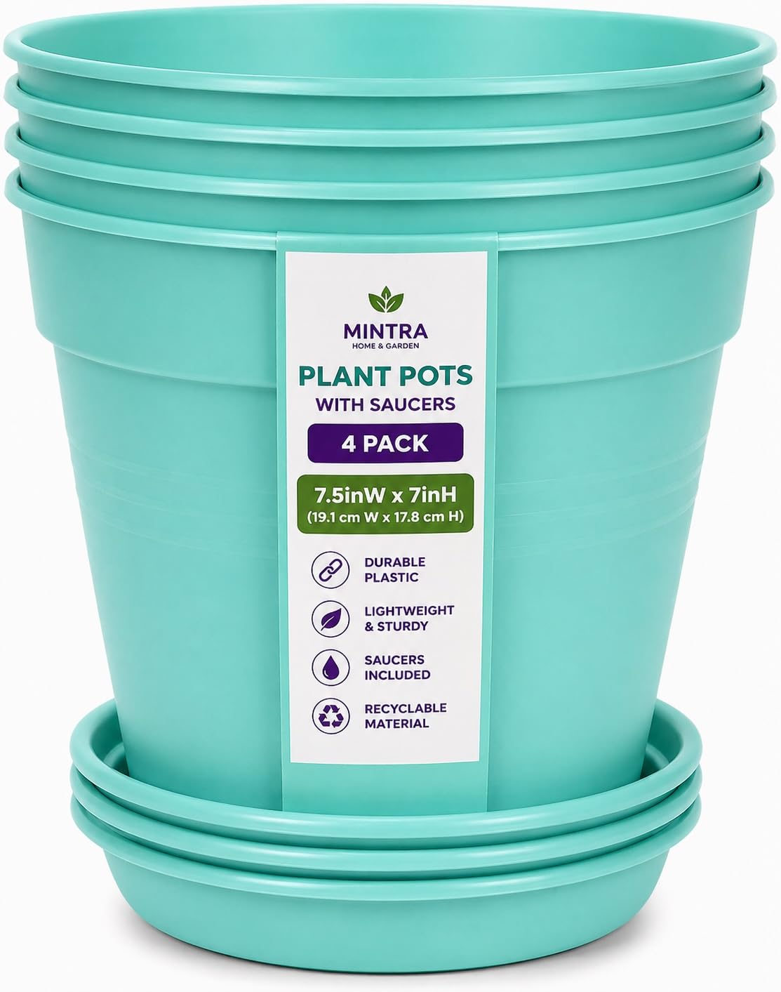 Mintra Garden Pots, 4 Pack Bulk Plastic Plant Pots with Drainage Tray, Round Indoor & Outdoor Decorative Planters with Drain Holes for Flowers, Herbs & Plants, 19cm Diameter – Teal, 7.5 in