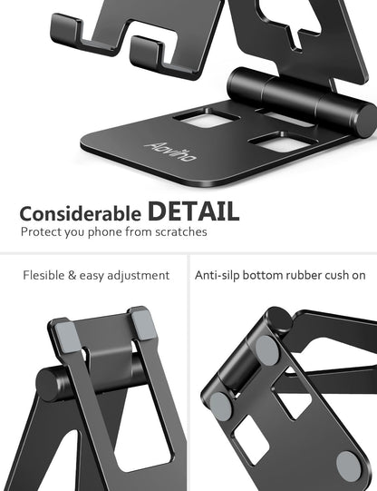 Aoviho Cell Phone Stand for Desk, Adjustable Desktop Phone Holder Stand, Foldable Moblie Phone Dock for iPhone 15 14 13 12 11 Pro Xs Max Xr X 8 7 6 5 5s SE Nintendo Switch All Phones, Black