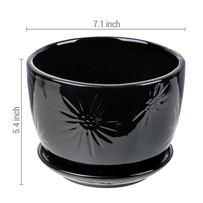 MyGift 7 Inch Glossy Black Ceramic Plant Pot with Drainage Hole and Attached Saucer, Modern Decorative Embossed Sunburst Planter Container for Indoor Home Garden