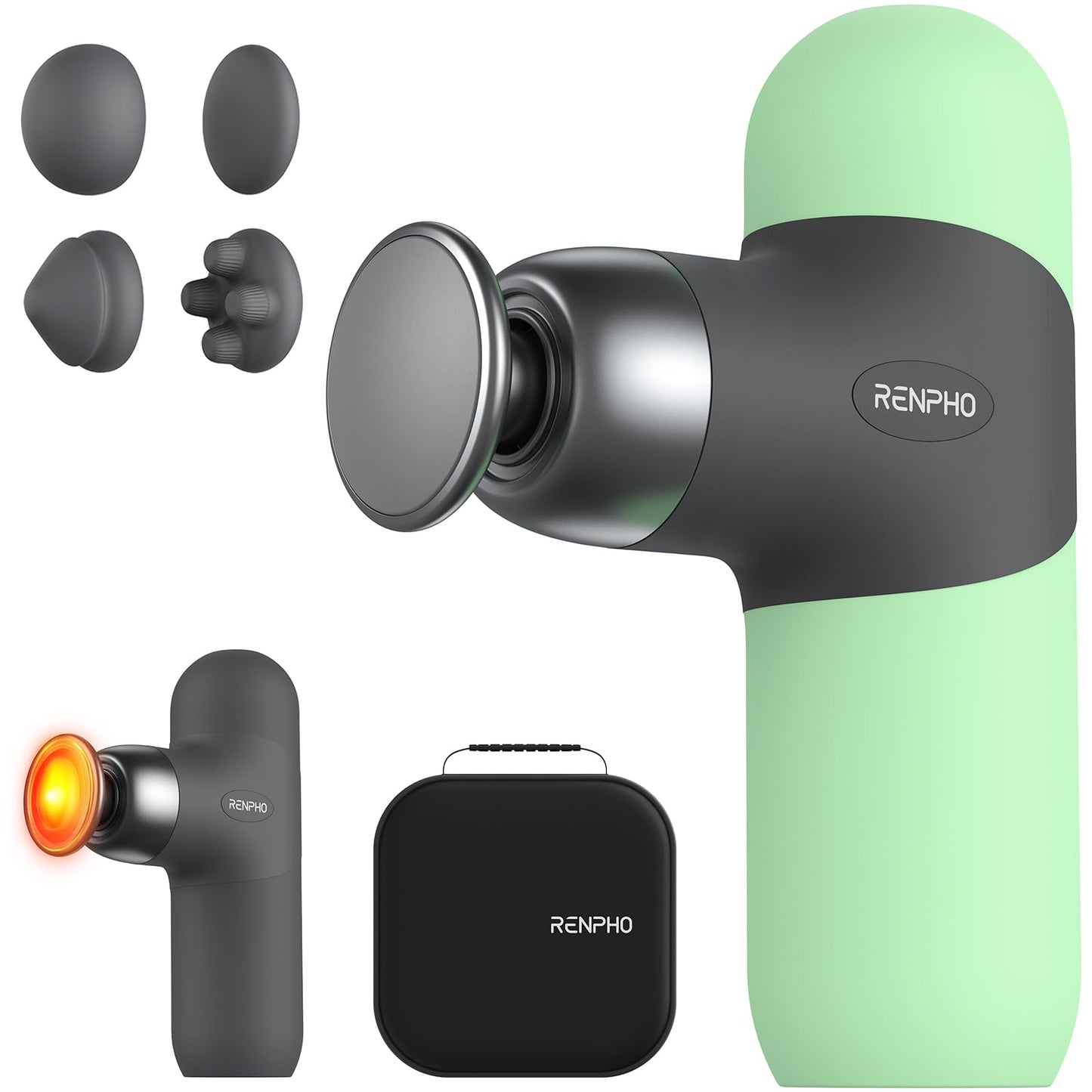 RENPHO Mini Thermal Massage Gun with Heat, Portable Deep Tissue Percussion Massager, Color Silicone Sleeves Travel Size with Carry Case, Grey