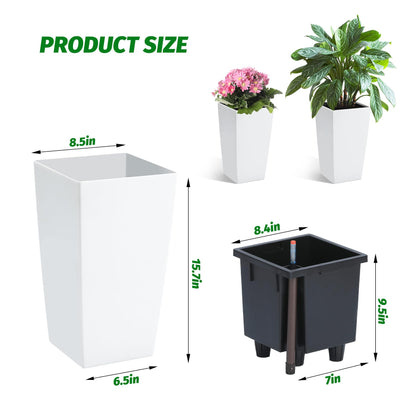 PeakPursuit 16" Tall Planters Set of 2, Outdoor＆Indoor Black Planter Pots, High Front Porch Planter Pots with Drainage Holes＆Water Level Monitor＆Inner Bucket, Automatic Watering, White