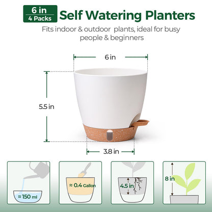 T4U 4 Pack 6 Inch Self Watering Pots - Water Level Indicator & Deep Reservoir, Mess-Free Planter for Busy People, Beginners & Gardeners, Fit Herbs/Pothos/Succulents Plants, Indoor Outdoor Use (White)