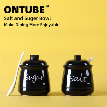 12oz Sugar and Salt Bowls with Lid and Spoon, Ceramics Condiment Pots,Seasoning Jar Spice Container for Kitchen,Dishwasher Safe (Black)