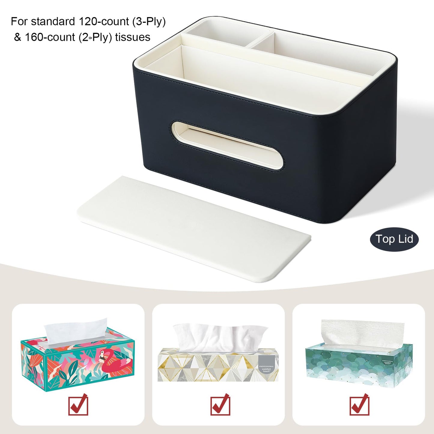 PU Leather Tissue Box Cover Rectangular with Storage Organizer Tray, Multifunctional Remote Control Holder, Desk Organizer for Living Room, Bedroom, Office, Decorative Tissue Holder Black