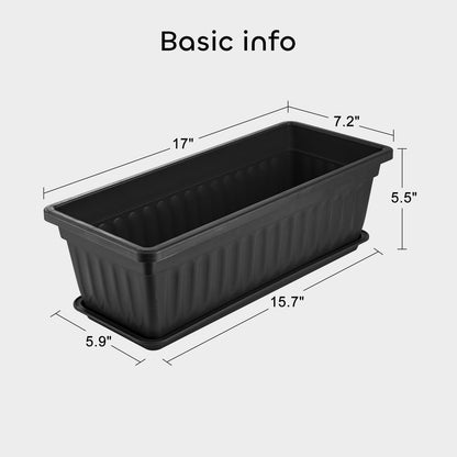 GROWNEER 6 Packs 17 Inches Black Flower Window Box Plastic Vegetable Planters Long Pots with 15 Pcs Plant Labels for Outdoor Indoor Windowsill, Patio, Garden, Home Decor, Porch