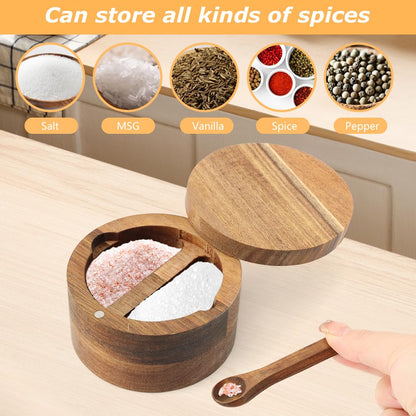 Restynic Wood Salt & Pepper Bowl with Magnetic Swivel Lid - Built-in Spoon, Natural Wood Grain, for Kitchen Spice Storage or Gifting(COLOR:Two Compartment)