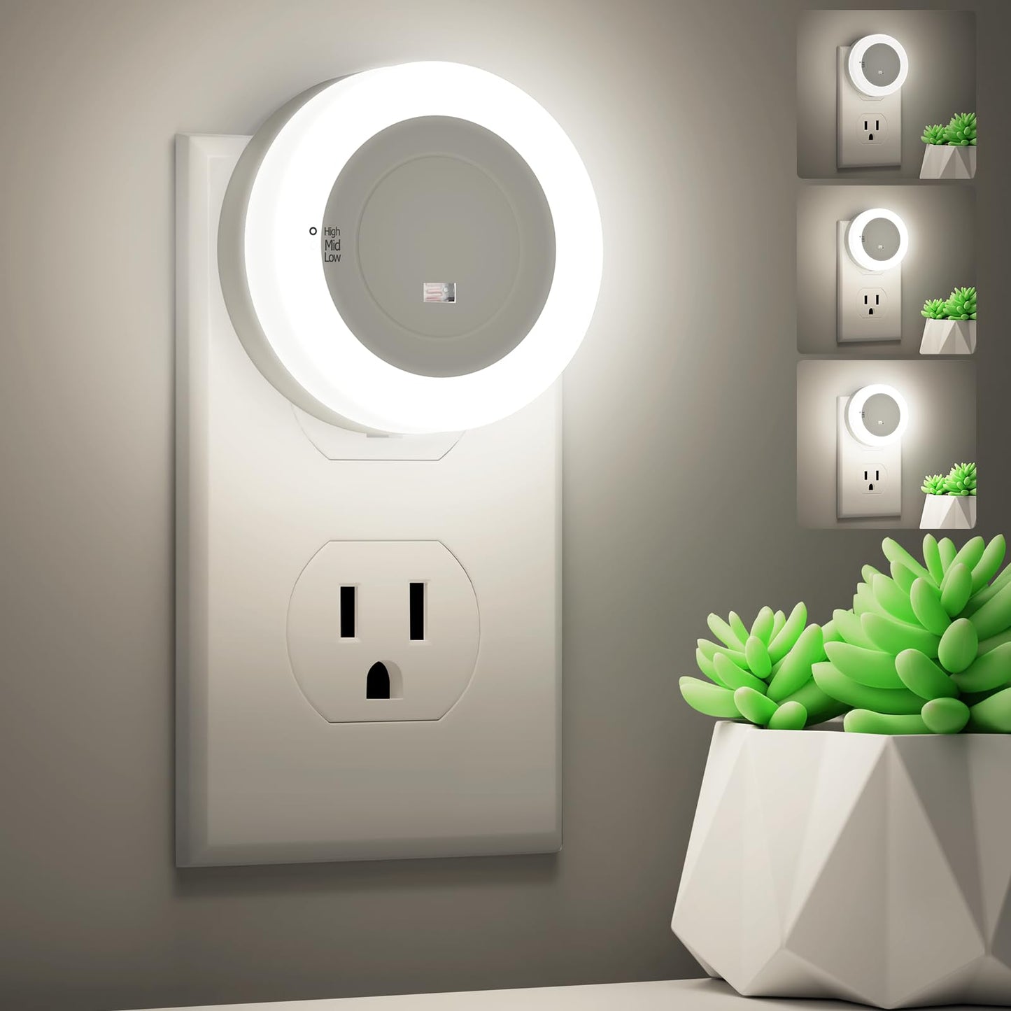 FOLKSMATE LED Night Lights Plug in, Dimmable Nightlight Plug Into Wall with Light Sensor, Soft White Adjustable for Adults, Bedroom, Bathroom, 2-Pack