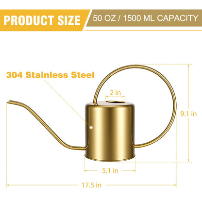 Plant Watering Can, 50 oz / 1500 ml Stainless Steel Metal - Modern Decorative with Long Spout for Indoor Potted Plants, Bonsai, Garden Flowers, Gold
