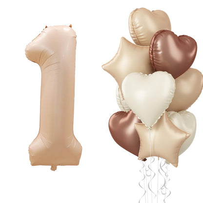 40 Inch Number 1 Balloon Decor, Cream Brown Foil Neutral Heart 1 Balloons with Taupe Star Helium Balloon for Girls Boys 1st Birthday Anniversary Baby Shower Party Boho Decoration Supplies