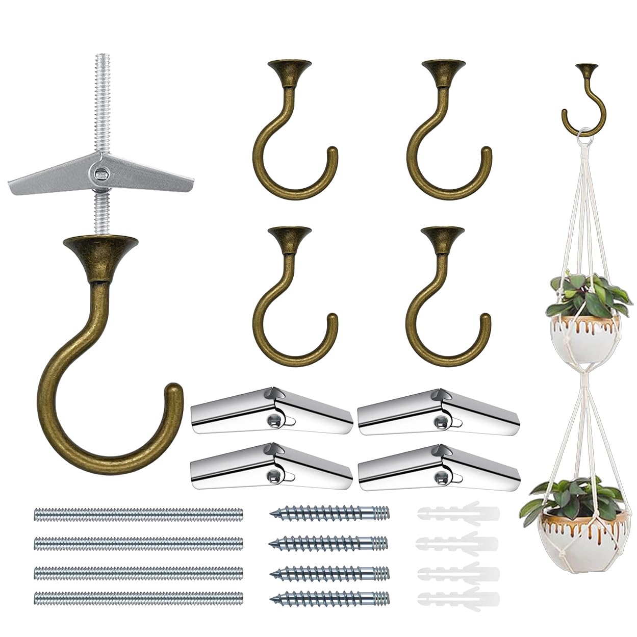 Evsteluo 4 Sets Heavy Duty Swag Ceiling Hooks with Hardware for Hanging Plants, Cavity Wall Fixing, Easy Installation, Holds Up to 30lbs, Ideal for Home & Garden (4 Sets, Antique Brass)
