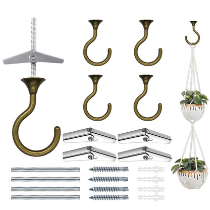 Evsteluo 4 Sets Heavy Duty Swag Ceiling Hooks with Hardware for Hanging Plants, Cavity Wall Fixing, Easy Installation, Holds Up to 30lbs, Ideal for Home & Garden (4 Sets, Antique Brass)
