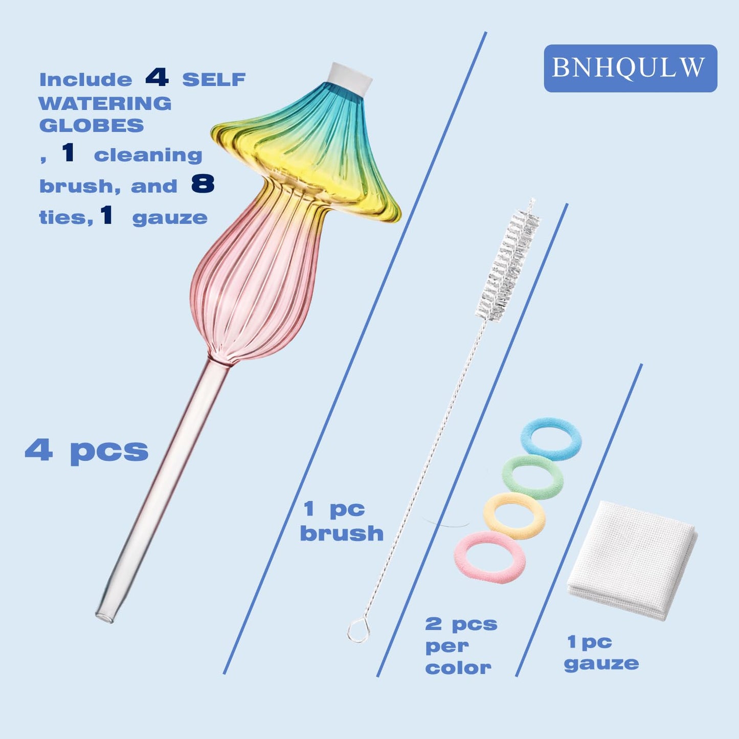 4 PCS Glass Plant Watering Globes Mushroom, Watering Bulbs for Indoor Plants, Rainbow Gradient Color Glass Mushroom Watering Bulbs, for Vacation Plant Care.