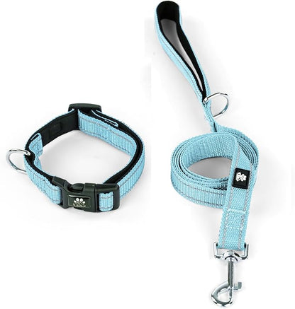 IVY&LANE Reflective Dog Collar and Leash Set,Adjustable Neoprene Padded Dog Collars for Puppy, Breathable Nylon Pet Collar for Small Medium Large Dogs (Large,Blue)