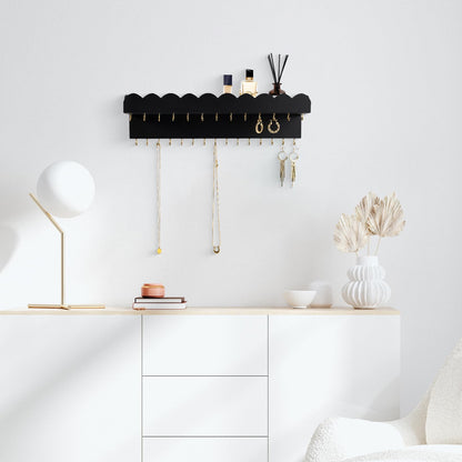Lampaggio Wall Mount Jewelry Organizer with 28 Hooks and Cosmetics Shelf, Modern Wood Hanging Jewelry Holder for Necklaces, Bracelets, Earrings and Rings, Black