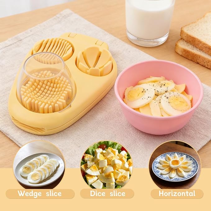 3-in-1 Egg Slicer for Hard Boiled Eggs, Stainless Steel Wire Egg Cutter with ABS Frame, Multi-Functional Kitchen Gadget for Slicing Strawberries, Bananas, Mushrooms & Cheese(Yellow)