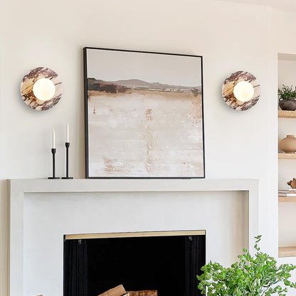 Calacatta Viola Marble Wall Sconce-Unique 7.8”Alabaster Sconce for Bedroom,Bathroom Vanity,Hallway & Yoga Room,Modern Hardwired Marble Style Stone Glass Wall Lamp for Meditation,Reading & Spa Decor